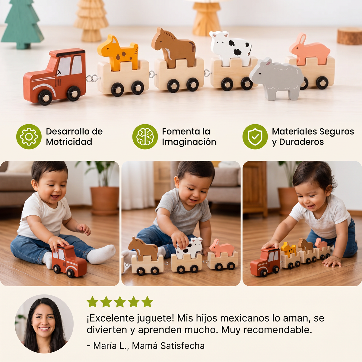 Tren de animales de granja de madera – Juguete con ruedas flexibles para niños