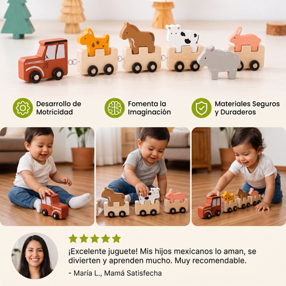 Tren de animales de granja de madera – Juguete con ruedas flexibles para niños