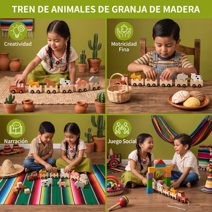 Tren de animales de granja de madera – Juguete con ruedas flexibles para niños