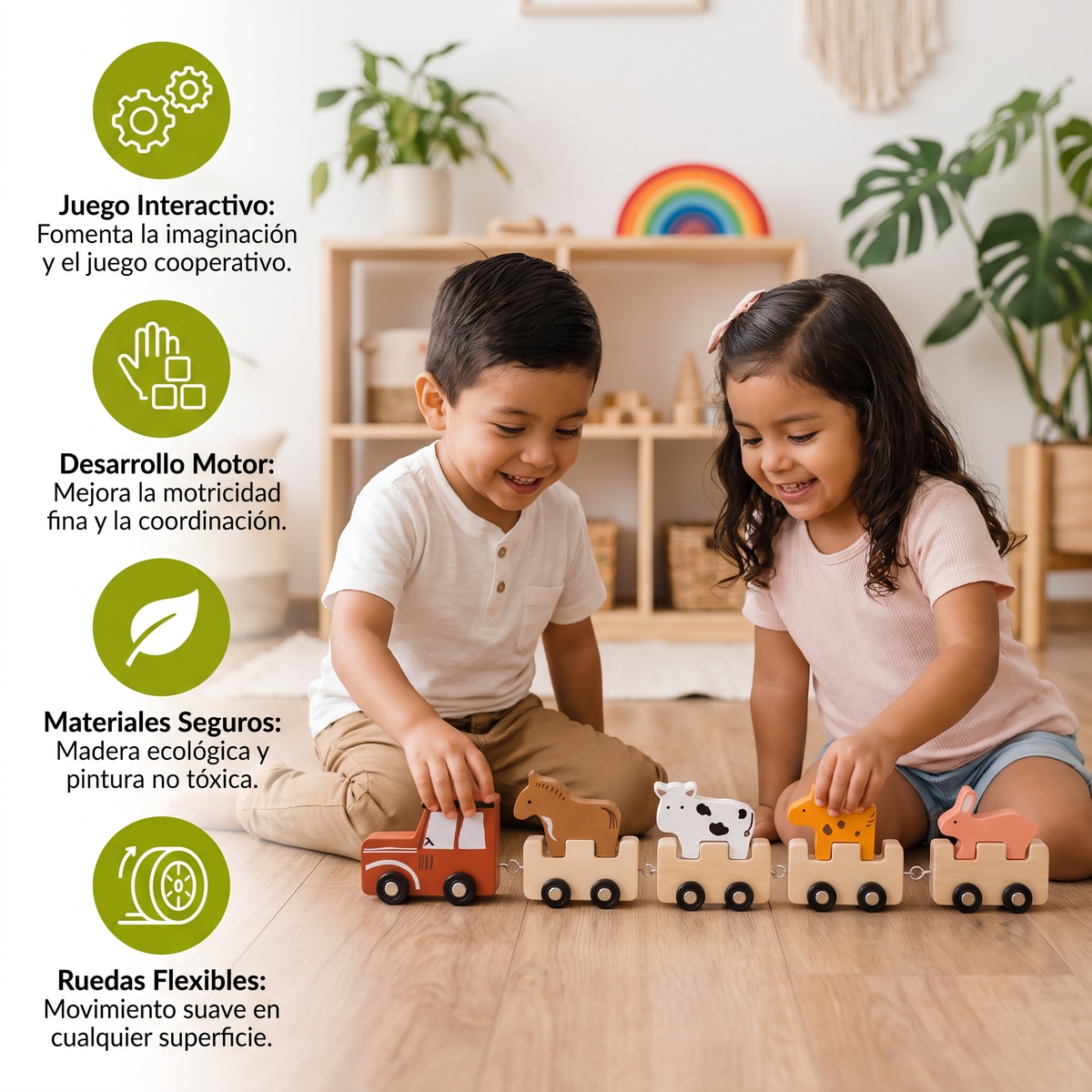 Tren de animales de granja de madera – Juguete con ruedas flexibles para niños