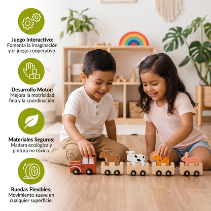 Tren de animales de granja de madera – Juguete con ruedas flexibles para niños