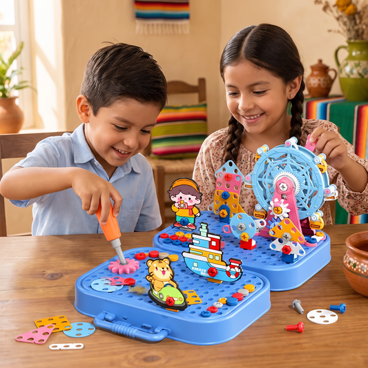 Caja de Herramientas DIY para Niños con Placa de Construcción, Noria y Taladro