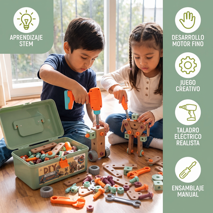 Set de herramientas infantil de 144 piezas con taladro y maletín de herramientas – Set de construcción STEM Montessori