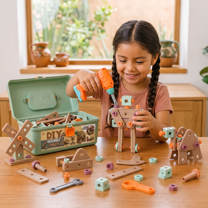 Set de herramientas infantil de 144 piezas con taladro y maletín de herramientas – Set de construcción STEM Montessori