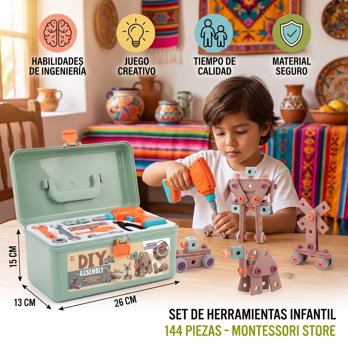 Set de herramientas infantil de 144 piezas con taladro y maletín de herramientas – Set de construcción STEM Montessori