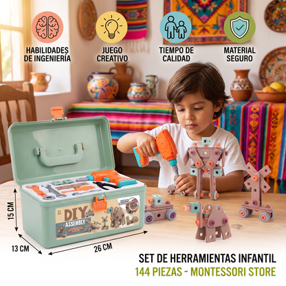 Set de herramientas infantil de 144 piezas con taladro y maletín de herramientas – Set de construcción STEM Montessori