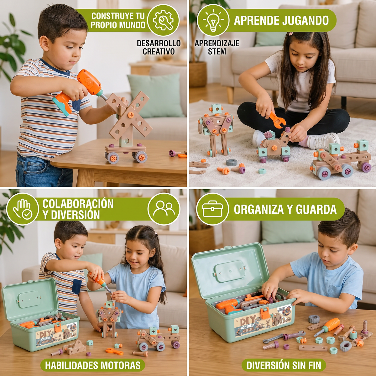 Set de herramientas infantil de 144 piezas con taladro y maletín de herramientas – Set de construcción STEM Montessori