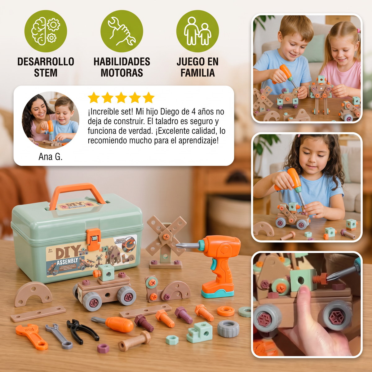 Set de herramientas infantil de 144 piezas con taladro y maletín de herramientas – Set de construcción STEM Montessori
