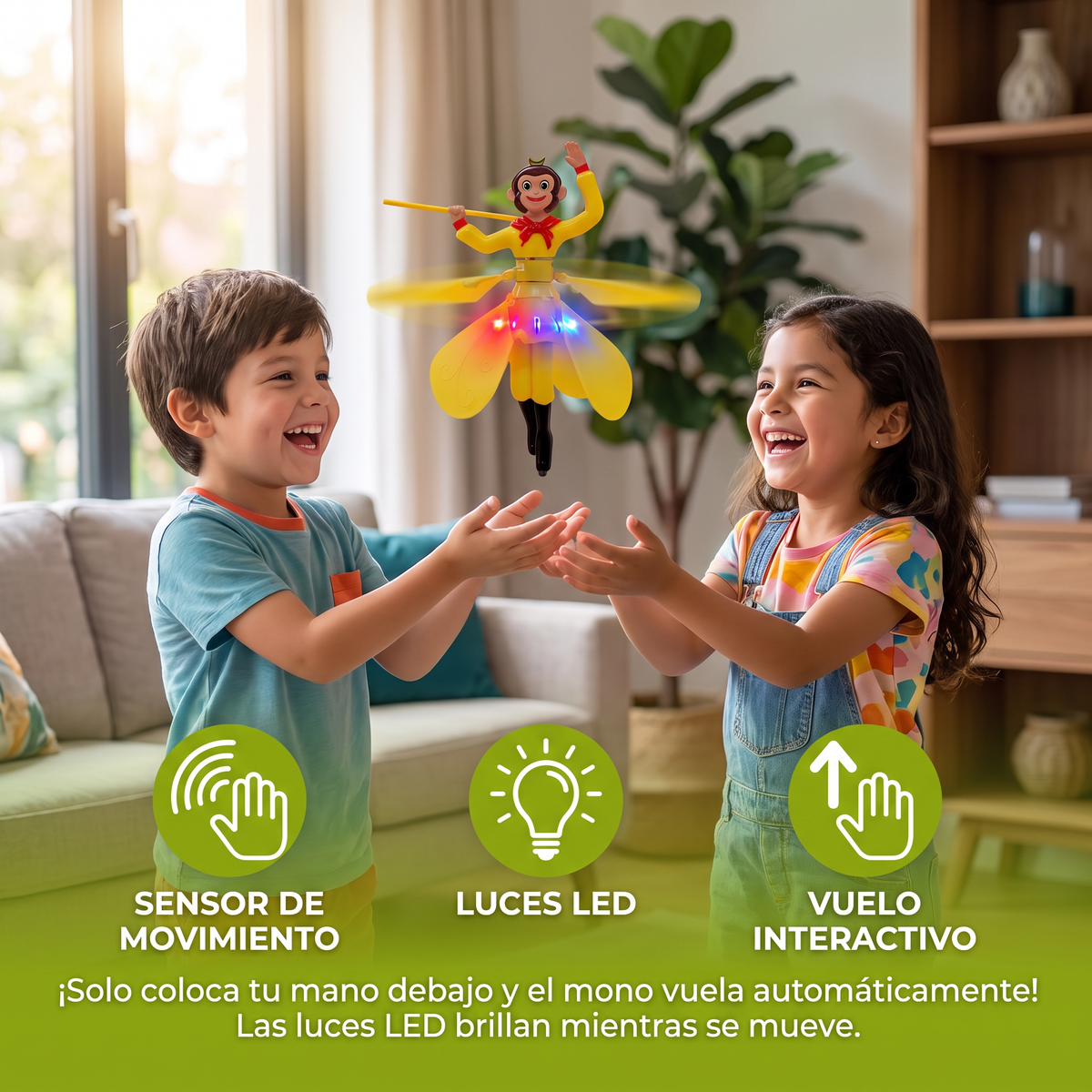 Juguete interactivo de mono volador con sensor de movimiento y luces LED