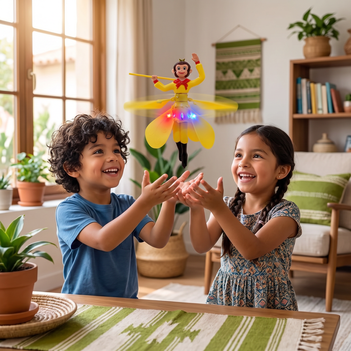 Juguete interactivo de mono volador con sensor de movimiento y luces LED