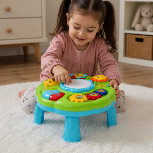 Mesa musical de actividades para bebés con tambor, engranajes y sonidos de animales