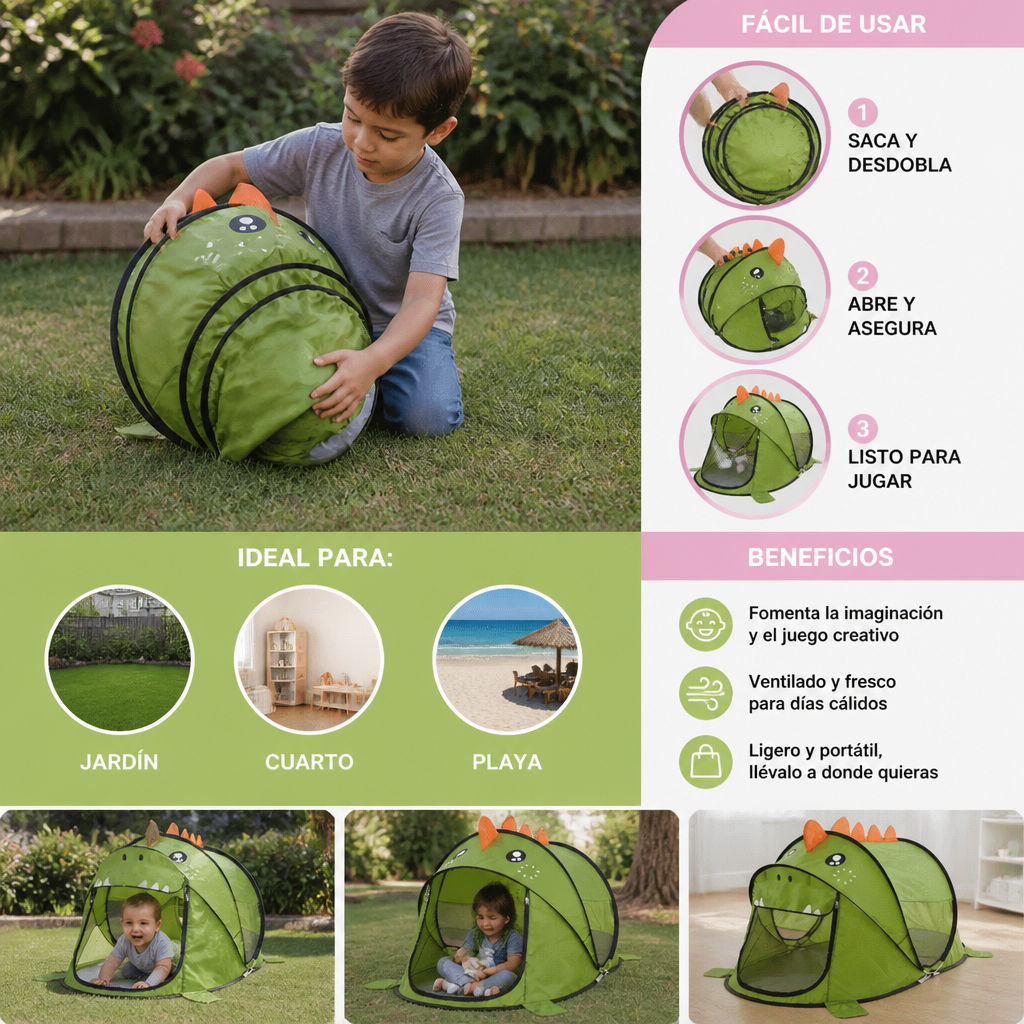 Casa de campaña plegable de dinosaurio para niños – ideal para días cálidos y momentos de juego acogedores
