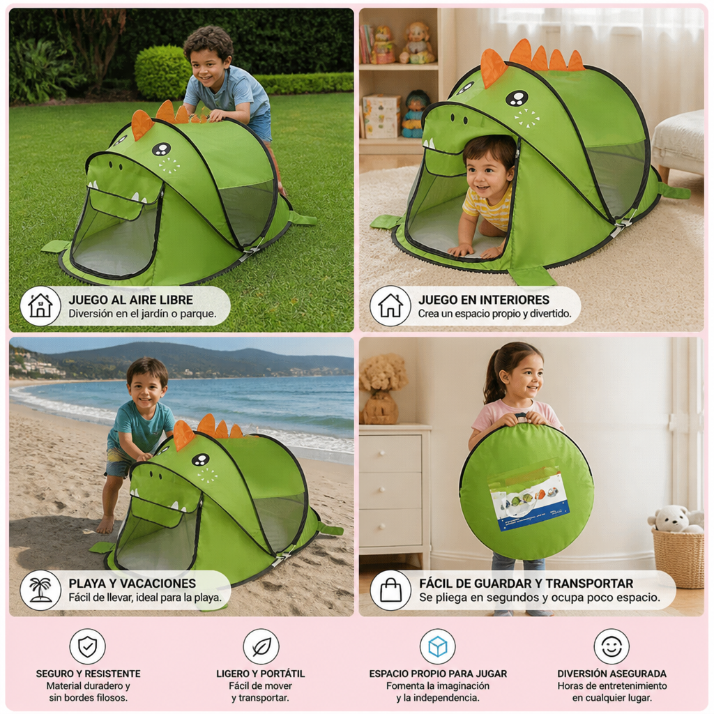 Casa de campaña plegable de dinosaurio para niños – ideal para días cálidos y momentos de juego acogedores
