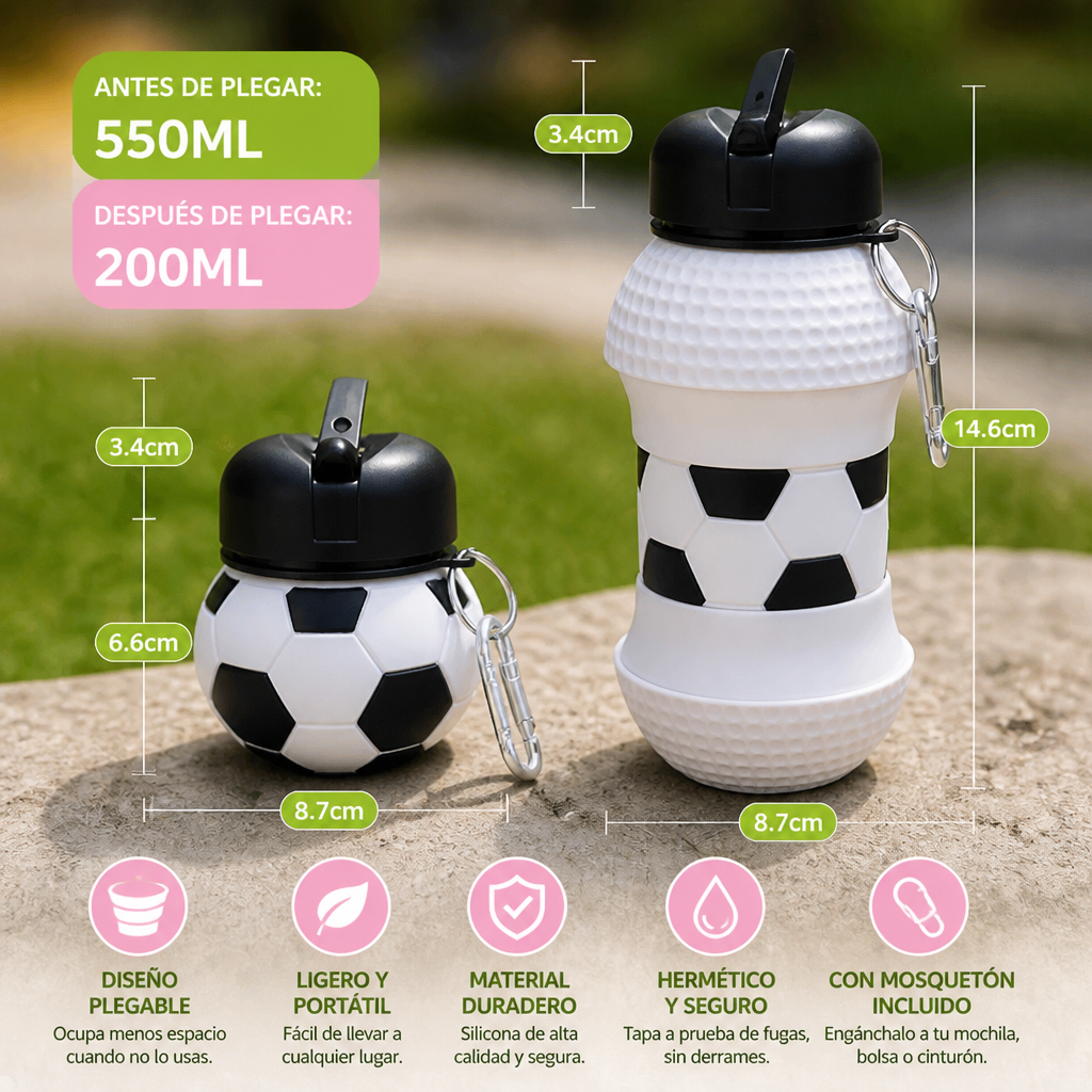 Botella plegable y resistente de silicón con diseño de balón de fútbol