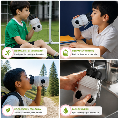 Botella plegable y resistente de silicón con diseño de balón de fútbol