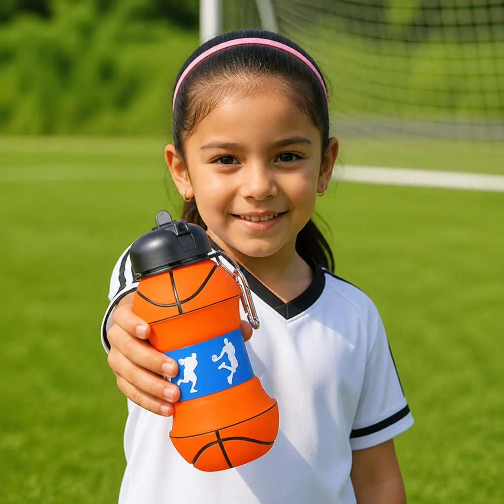 Botella plegable y resistente de silicón con diseño de balón de fútbol
