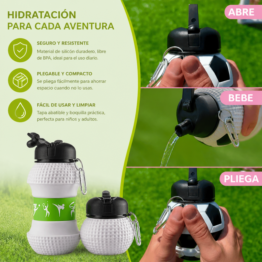 Botella plegable y resistente de silicón con diseño de balón de fútbol