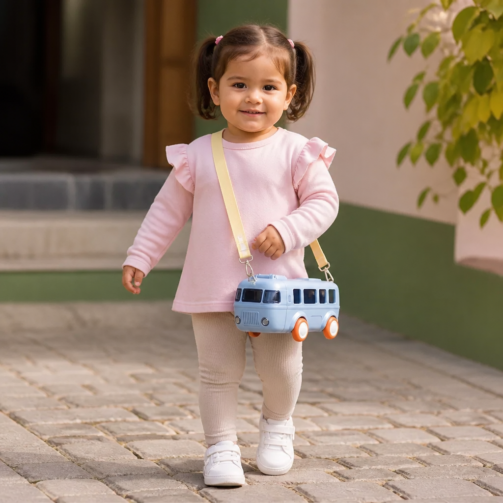 Botella infantil con diseño de autobús, popote y correa ajustable