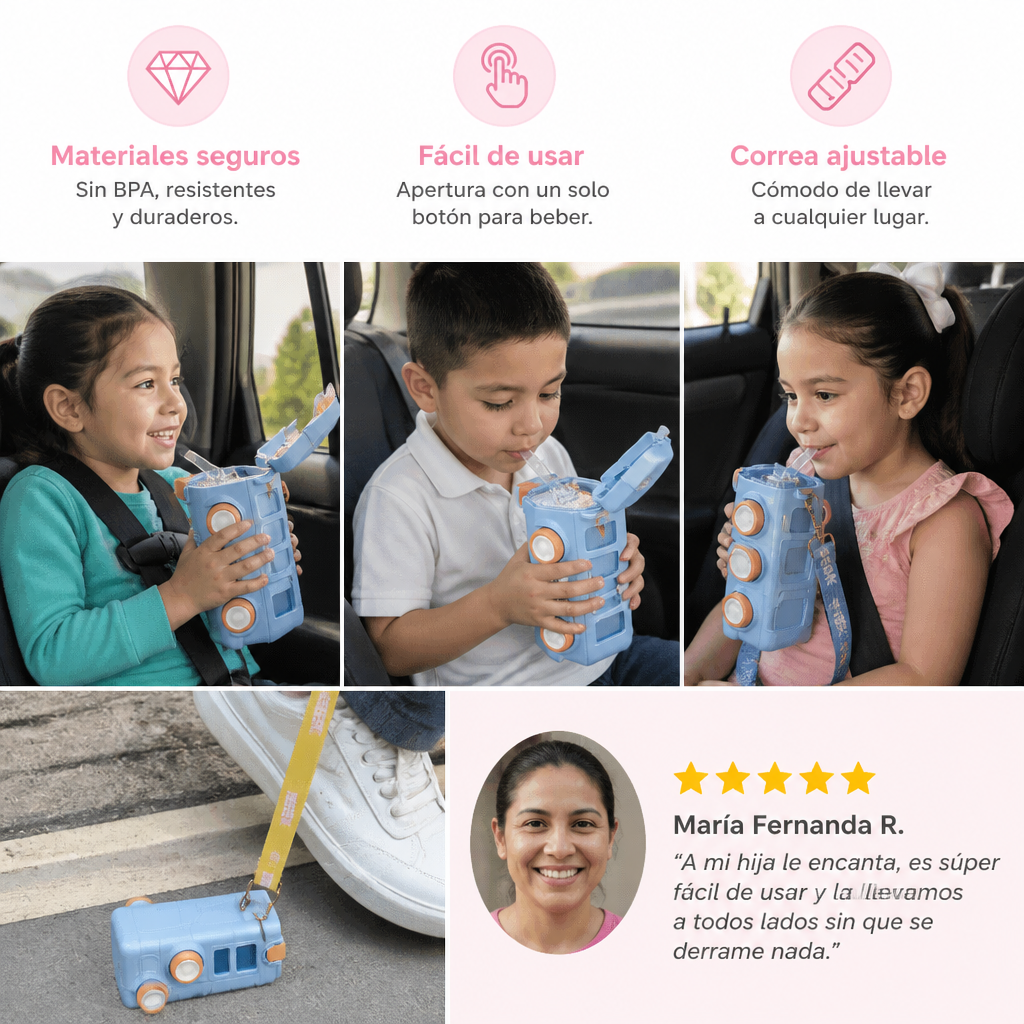 Botella infantil con diseño de autobús, popote y correa ajustable