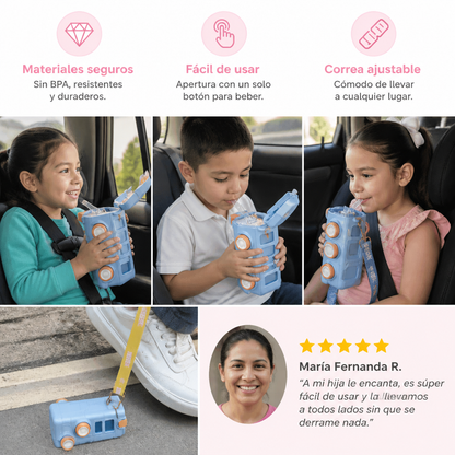 Botella infantil con diseño de autobús, popote y correa ajustable