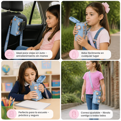 Botella infantil con diseño de autobús, popote y correa ajustable