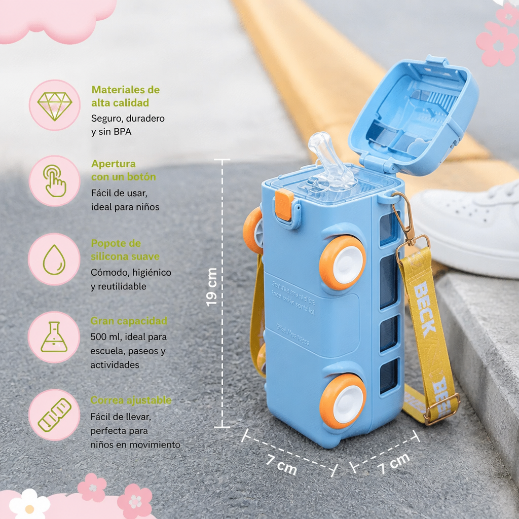 Botella infantil con diseño de autobús, popote y correa ajustable