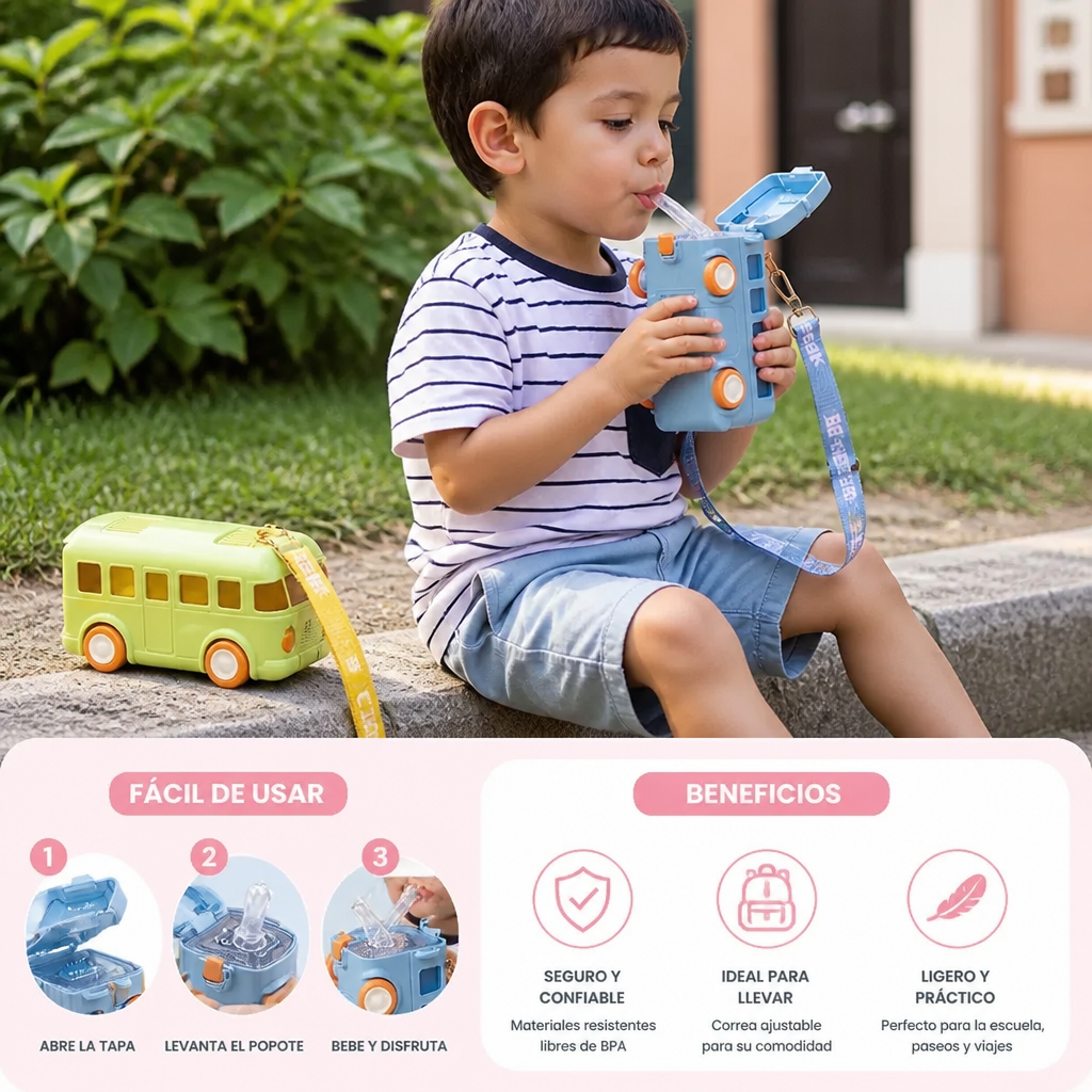 Botella infantil con diseño de autobús, popote y correa ajustable