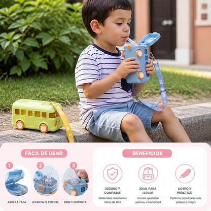 Botella infantil con diseño de autobús, popote y correa ajustable