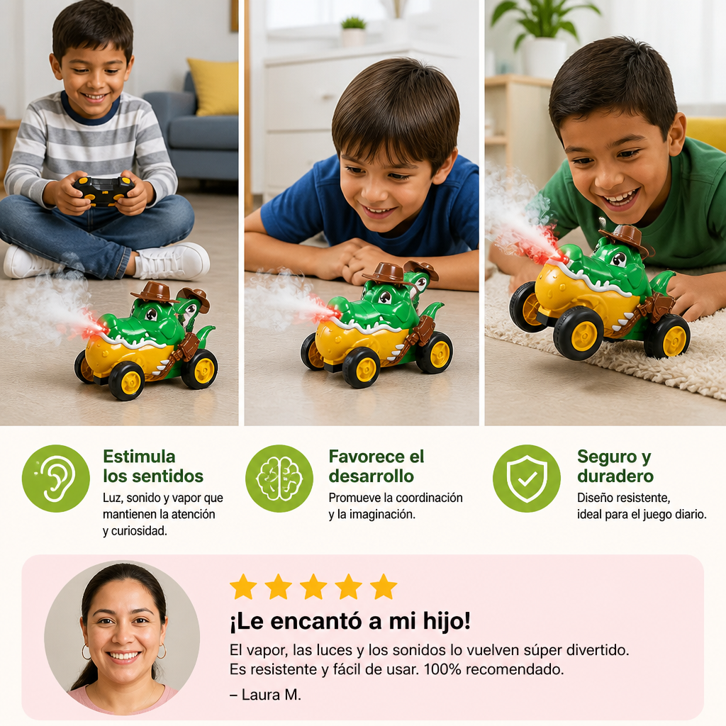Auto Acrobático de Cocodrilo a Control Remoto con Efectos de Luz, Vapor y Sonido