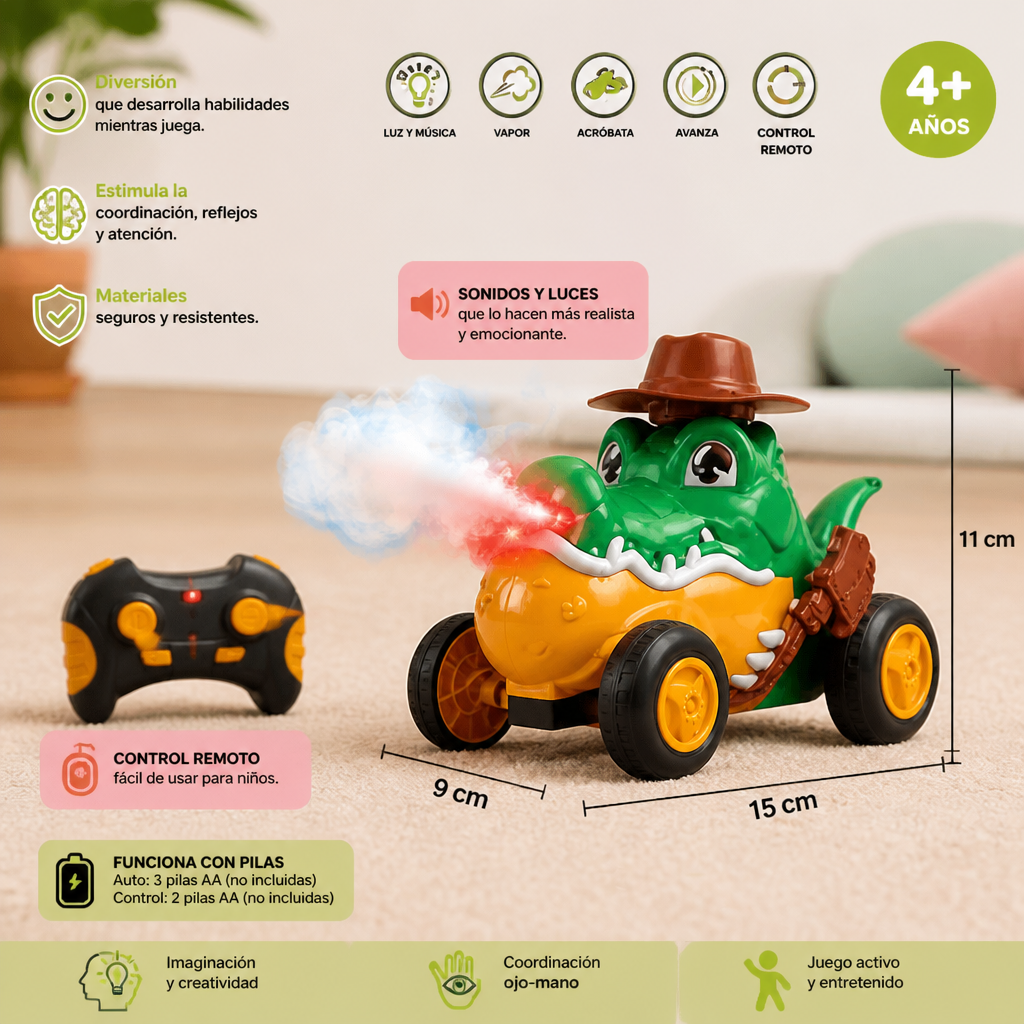 Auto Acrobático de Cocodrilo a Control Remoto con Efectos de Luz, Vapor y Sonido