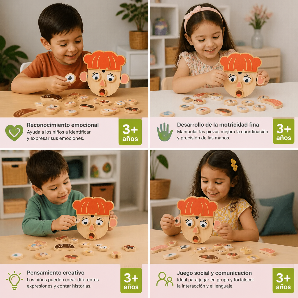 Juguete educativo de madera sobre expresiones faciales y emociones para niños