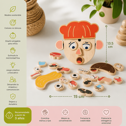 Juguete educativo de madera sobre expresiones faciales y emociones para niños