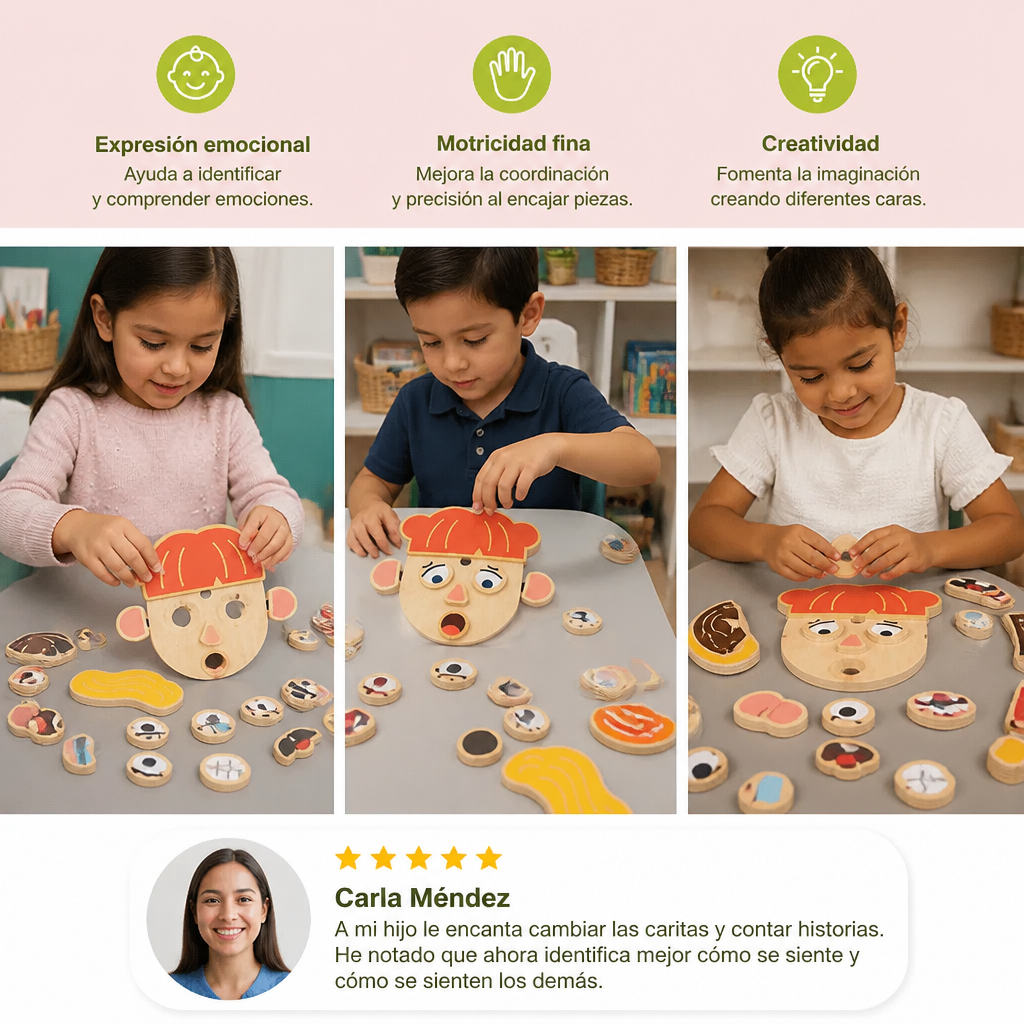 Juguete educativo de madera sobre expresiones faciales y emociones para niños