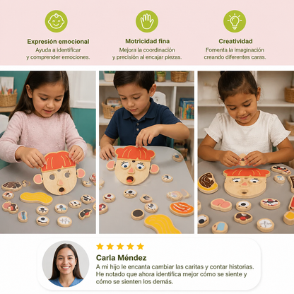 Juguete educativo de madera sobre expresiones faciales y emociones para niños
