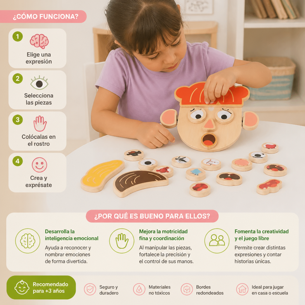 Juguete educativo de madera sobre expresiones faciales y emociones para niños