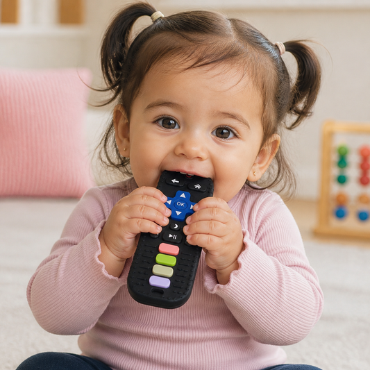 Mordedera de silicón para bebé con forma de control remoto – Juguete sensorial para morder sin BPA