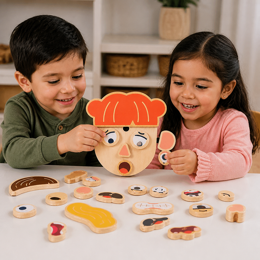 Juguete educativo de madera sobre expresiones faciales y emociones para niños