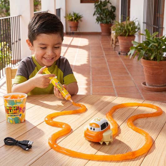 Pista mágica de slime – Aventura DIY con autos eléctricos