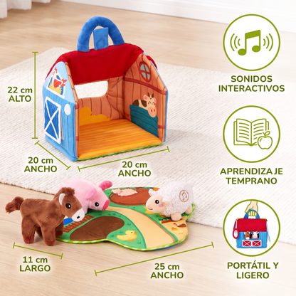 Set de Peluches de Granja – Juguete Interactivo de Aprendizaje con Casa de Juego Portátil