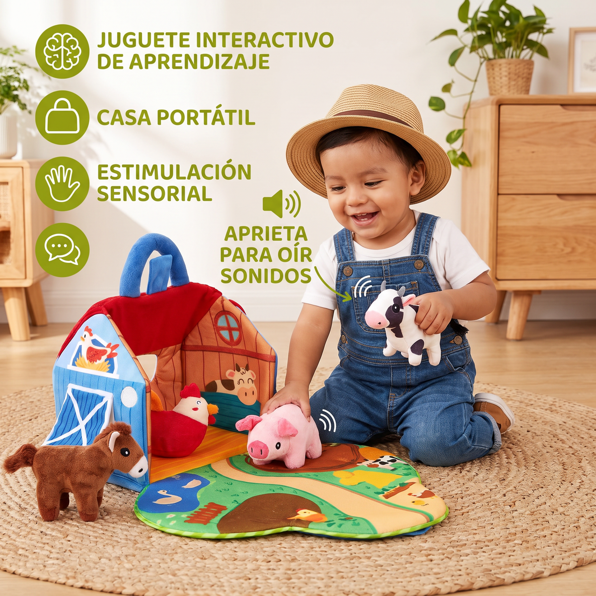 Set de Peluches de Granja – Juguete Interactivo de Aprendizaje con Casa de Juego Portátil