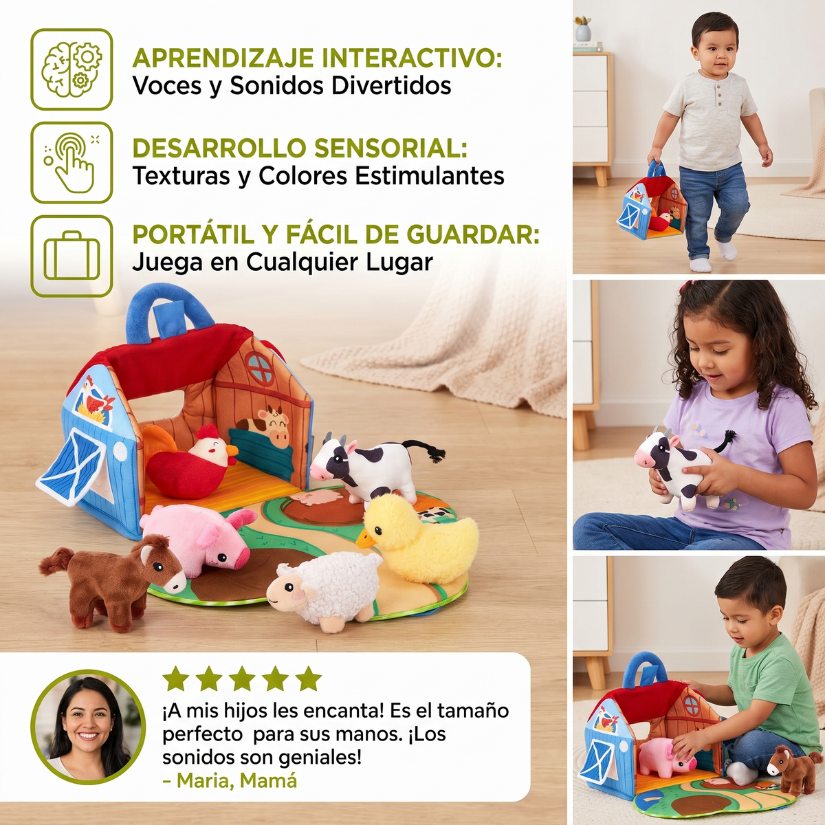 Set de Peluches de Granja – Juguete Interactivo de Aprendizaje con Casa de Juego Portátil