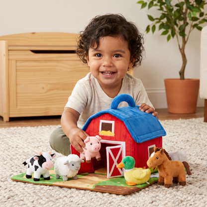 Set de Peluches de Granja – Juguete Interactivo de Aprendizaje con Casa de Juego Portátil