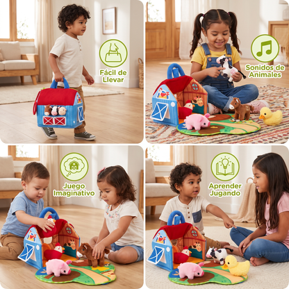 Set de Peluches de Granja – Juguete Interactivo de Aprendizaje con Casa de Juego Portátil