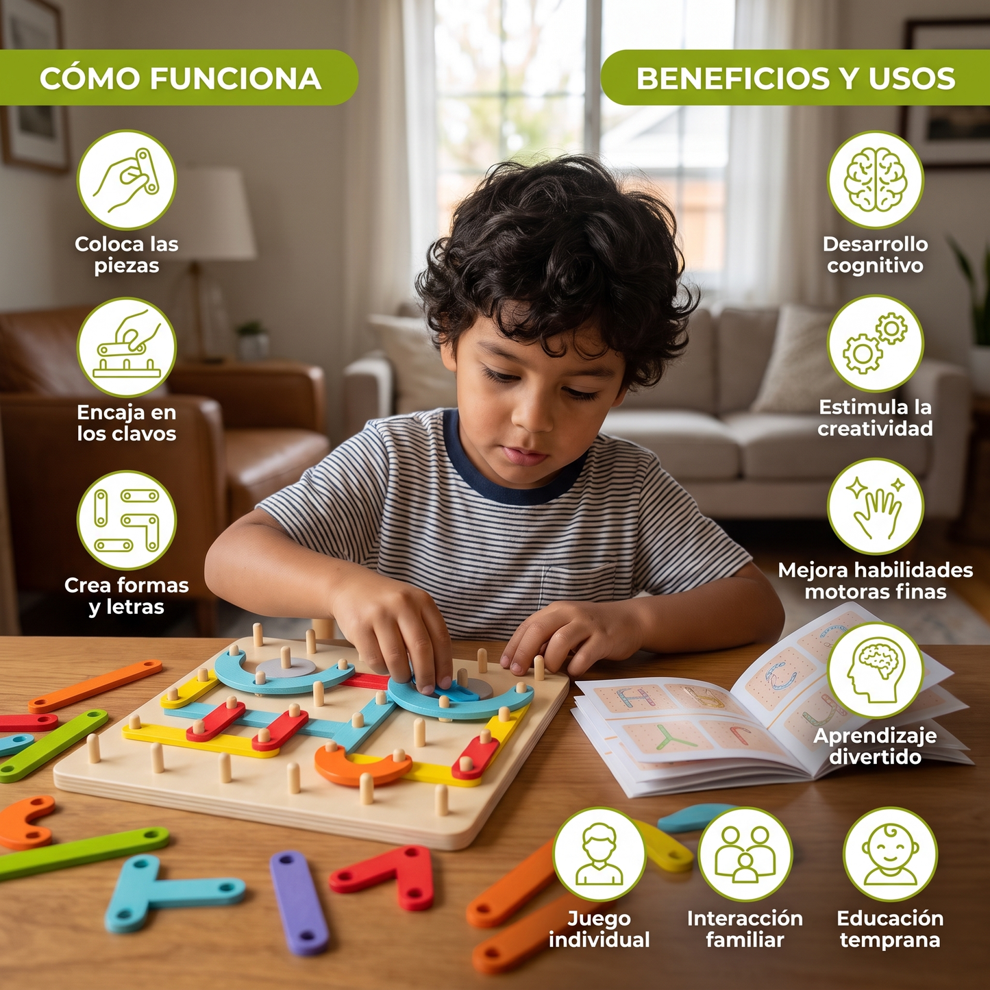 Juguete Montessori creativo de rompecabezas con clavos de madera
