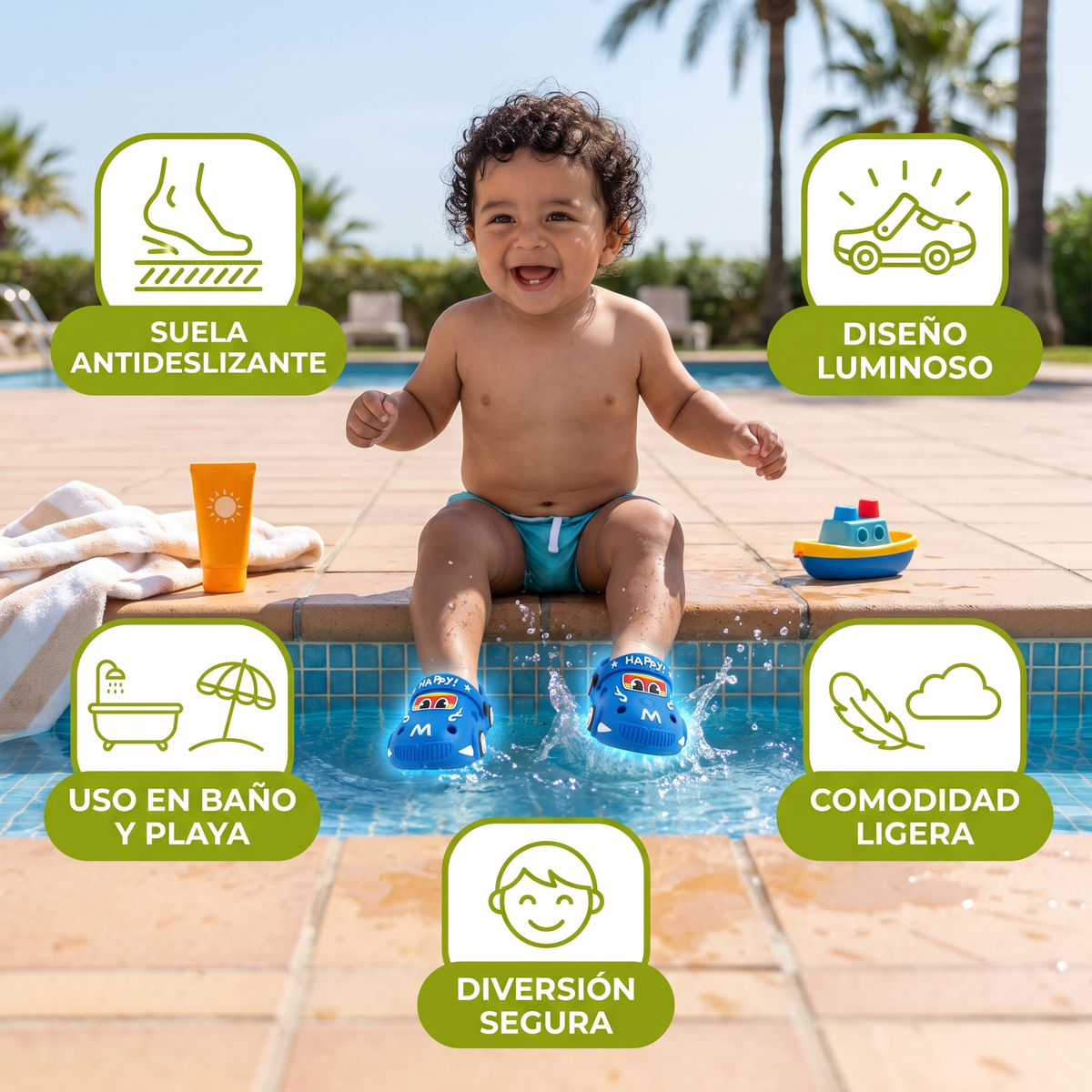 Sandalias infantiles luminosas con diseño de auto – chanclas de baño con suela antideslizante