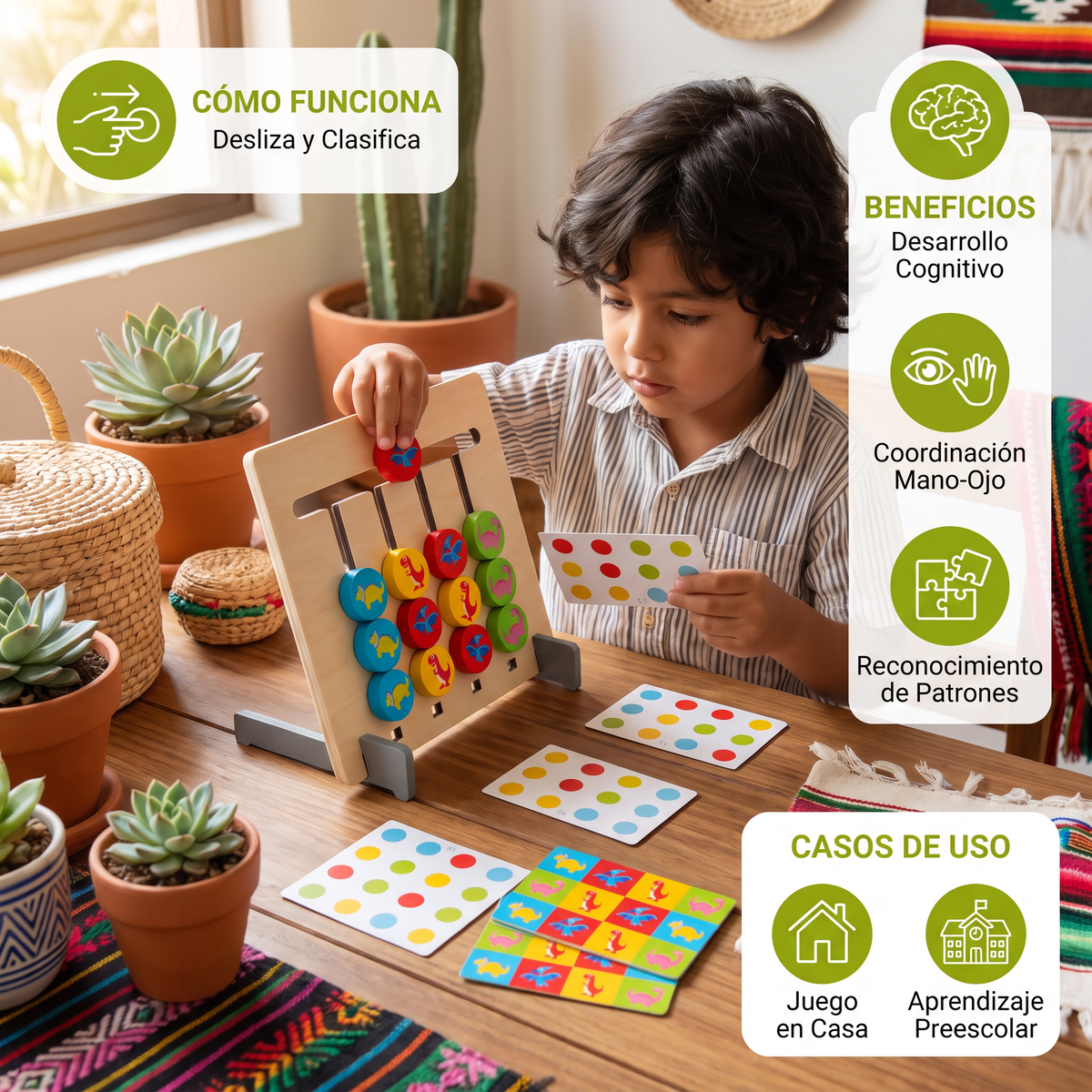 Juego Montessori de clasificación de patrones de colores de madera