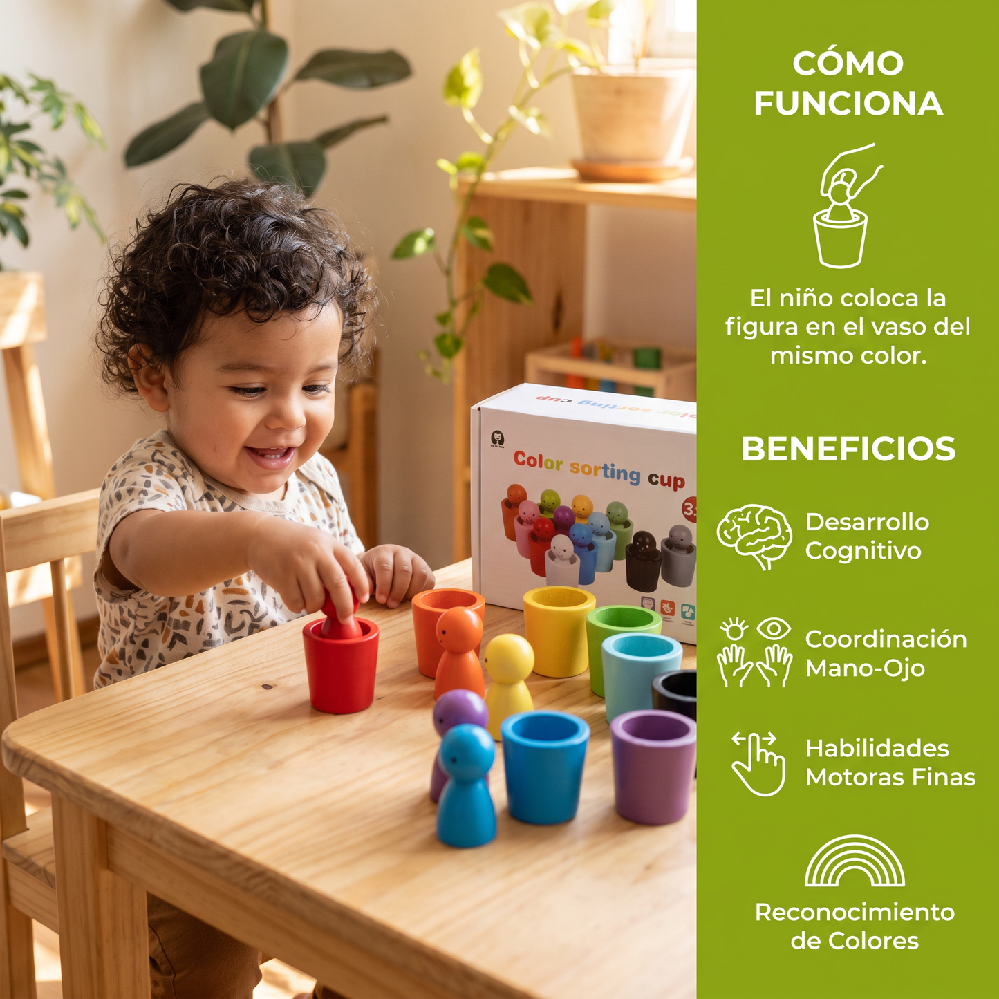 Juego de clasificación de colores Montessori con vasos de madera