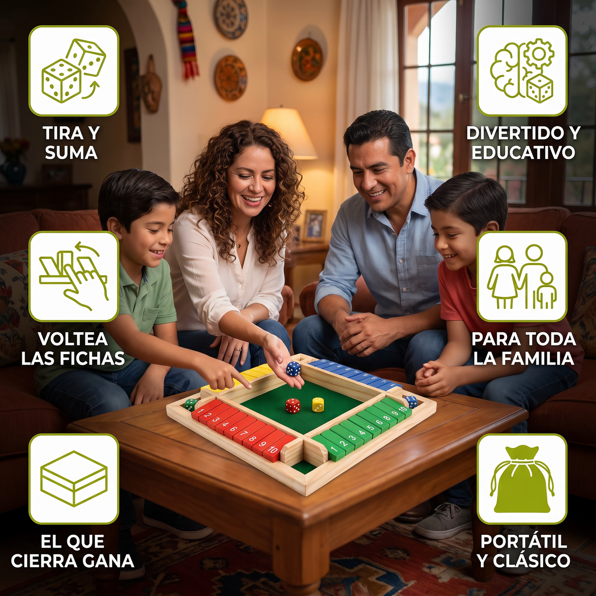Juego familiar Shut The Box de madera para 4 jugadores