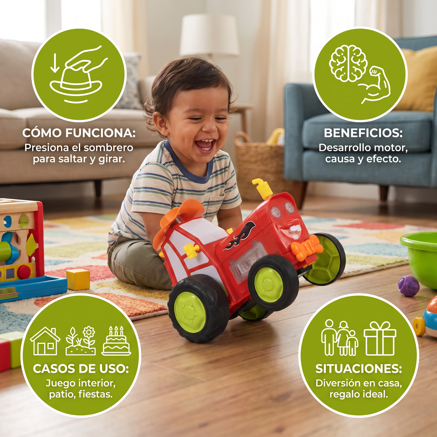 Tractor de juguete para niños con movimiento saltarín