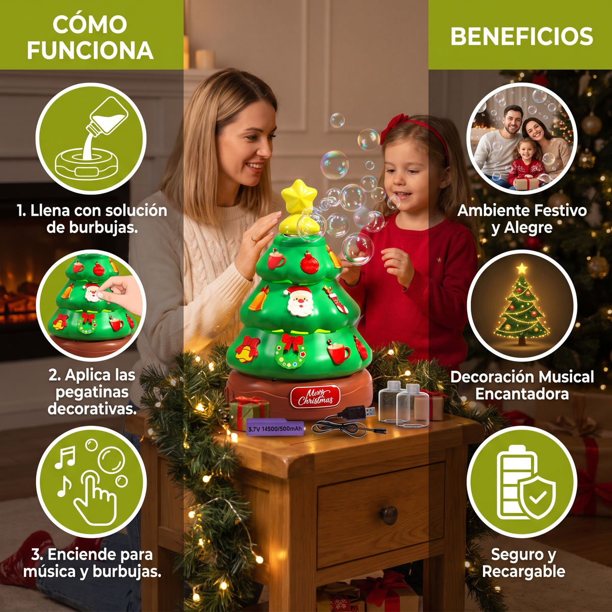 Árbol de Navidad musical con burbujas de jabón y pegatinas decorativas
